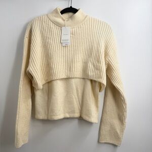 Mango MNG Wool Blend Layered Mock Neck Sweater Cream L NWT Quiet Luxury